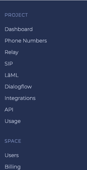 A screenshot of the API tab in the Project category in a SignalWire Space.