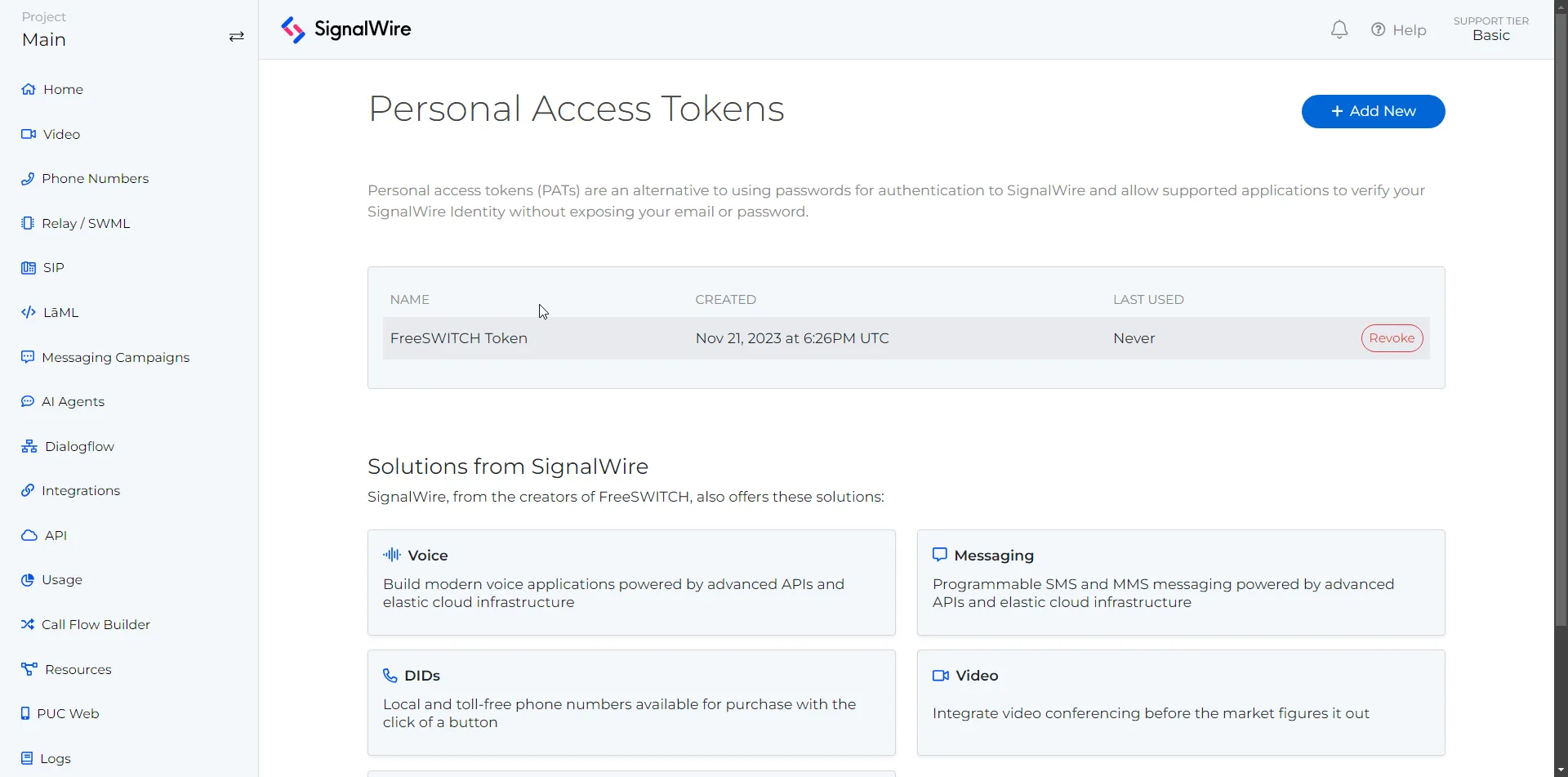 The Personal Access Tokens page showing a list of tokens in table format, displaying the Name, Created, and Last Used. There is a blue button labeled 'Add New'.